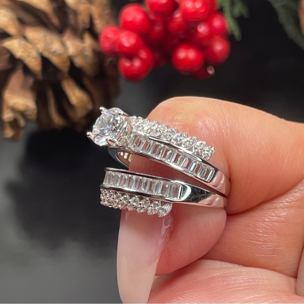 Solid 925 Silver Wedding Engagement Ring Set - image 2